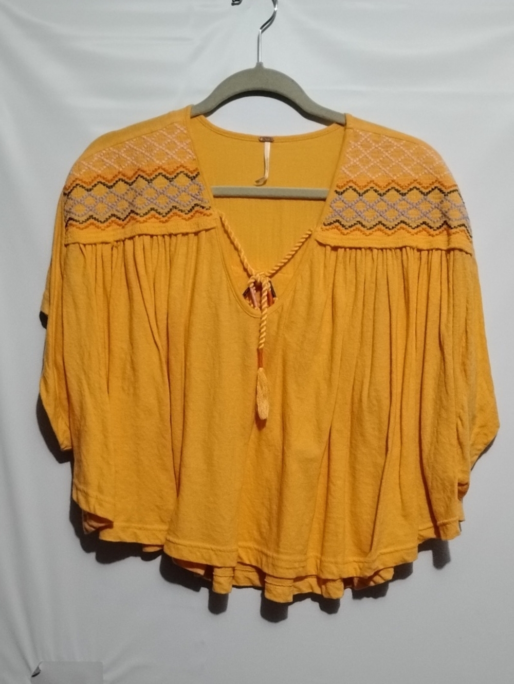 Free People Orange V-Neck Women's S Boho Peasant Blouse with Embroidered‎ Yoke